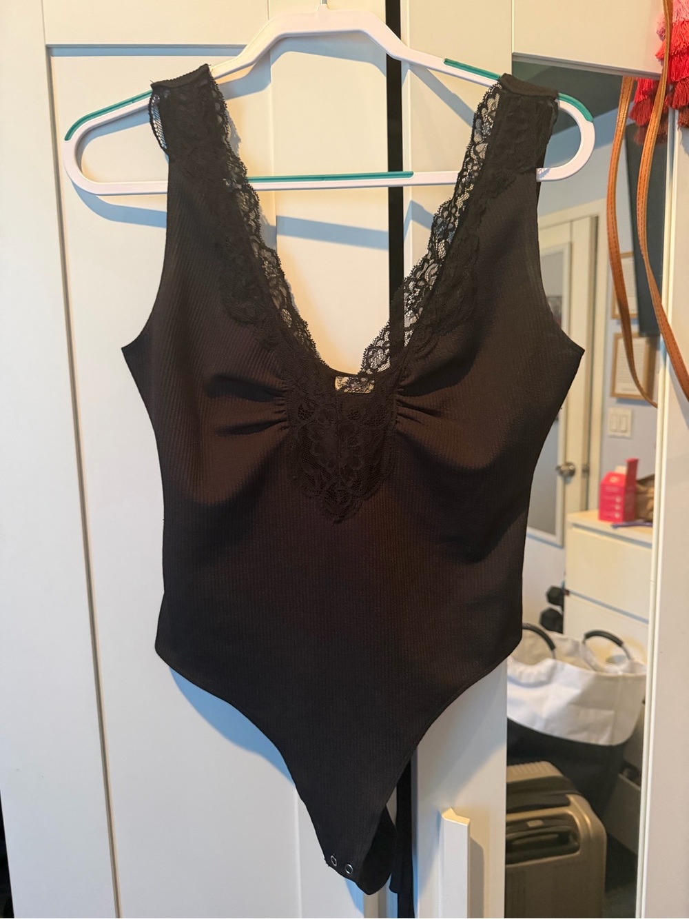 Free People Black Lace Trim Ribbed Bodysuit Medium